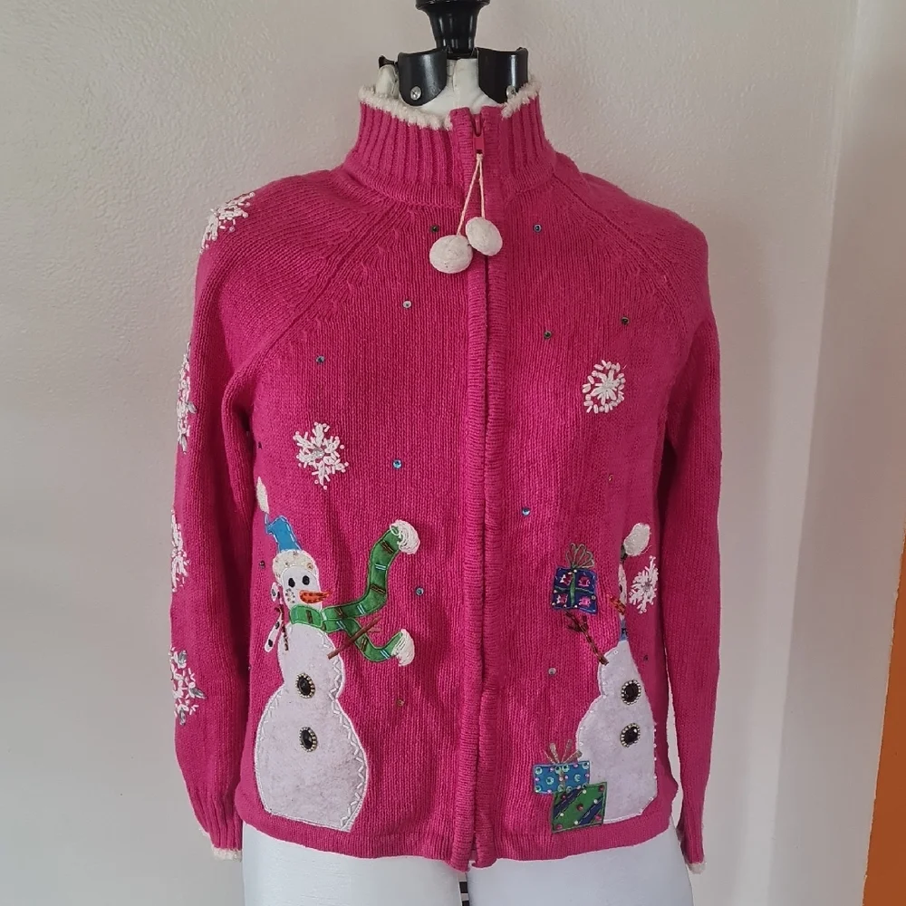 Christmas Ugly Pink Snowman Embellished Sweater Medium - Picture 1 of 14